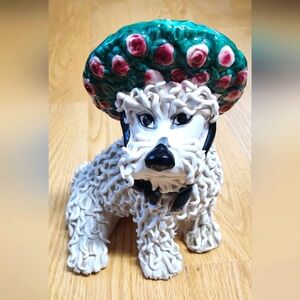 Vintage Italian Spaghetti Maltese Dog With Bonnet Ceramic Figurines 8”